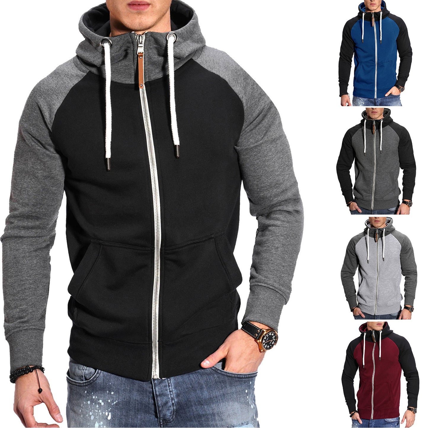 Foreign Trade European Size Men's Color Matching Fitness Sports Men's Sweatshirt Casual Fashion Contrast Raglan Sleeve Cardigan Top